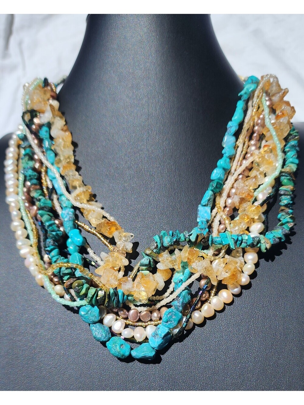 Turquoise Citrine Freshwater Pearls Multi Strand Necklace Gemstone Silk Tie Boho